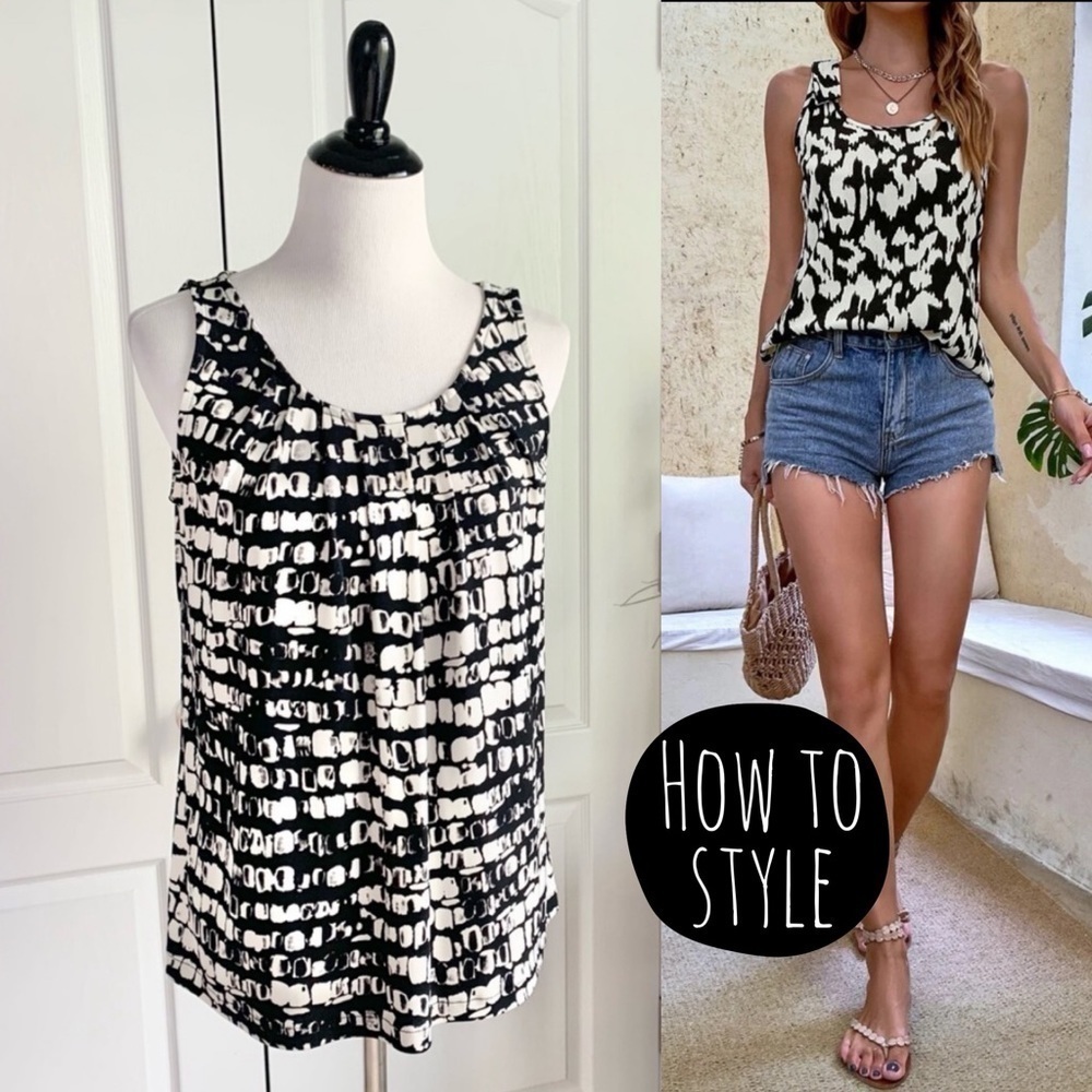 ⁠Josephine Chaus Geometric Abstract Print Sleeveless Top Black White Small
